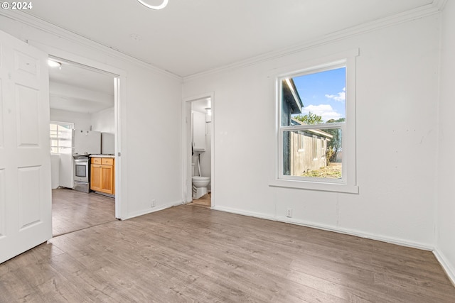 empty room featuring crown molding and light hardwood / wood-style floors