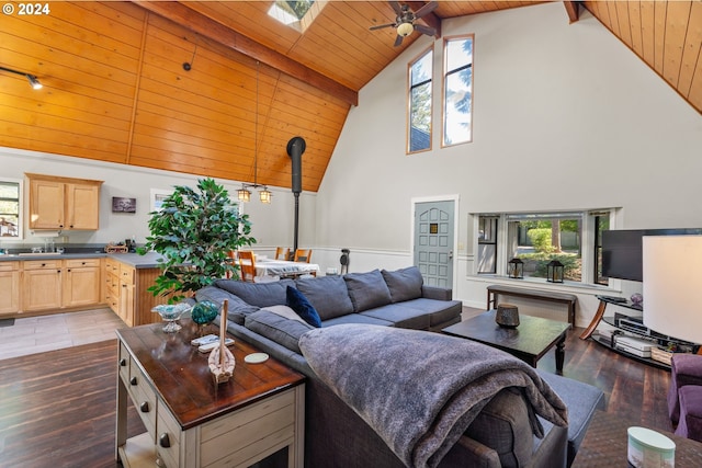 living area featuring high vaulted ceiling, dark wood-type flooring, ceiling fan, wainscoting, and wood ceiling