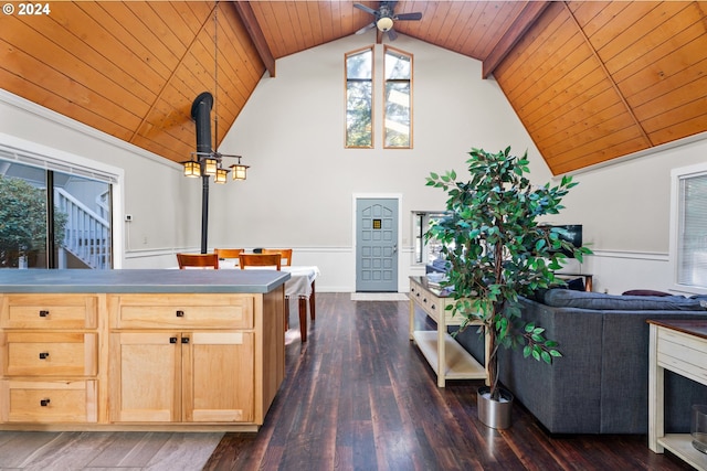 kitchen with a ceiling fan, light brown cabinets, wooden ceiling, dark wood finished floors, and wainscoting