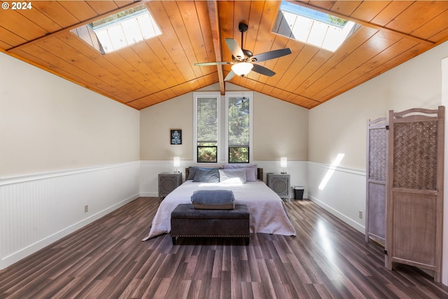 bedroom featuring lofted ceiling with skylight, wood ceiling, a wainscoted wall, and dark wood-style flooring