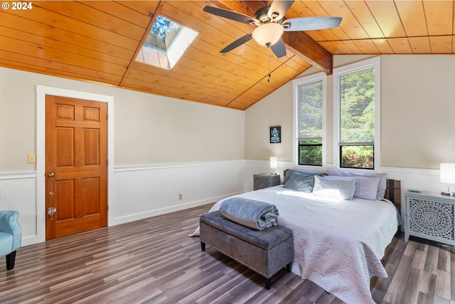 bedroom with lofted ceiling with skylight, wainscoting, ceiling fan, wood ceiling, and wood finished floors