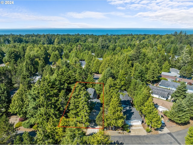 drone / aerial view featuring a wooded view and a water view