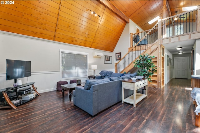 living area with wood ceiling, stairs, dark wood-type flooring, and wainscoting