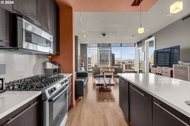 kitchen featuring hanging light fixtures, floor to ceiling windows, light hardwood / wood-style flooring, dark brown cabinetry, and stainless steel appliances