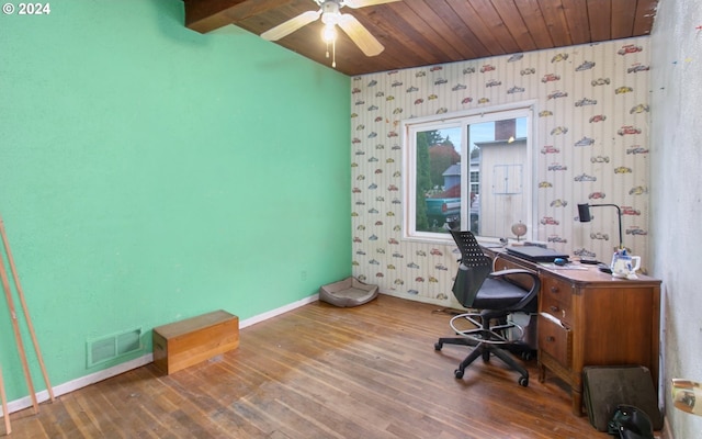 office with hardwood / wood-style floors, ceiling fan, wood ceiling, and beamed ceiling