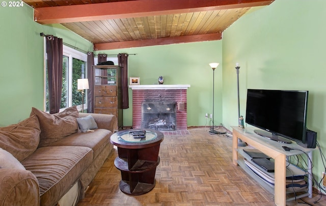 living room featuring beamed ceiling, wooden ceiling, and parquet flooring