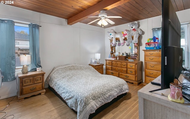 bedroom with beam ceiling, ceiling fan, and light hardwood / wood-style floors