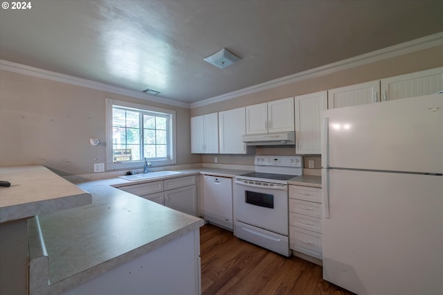 94213 Kerber Dr, Langlois, OR 97450 - kitchen featuring white appliances, a sink, under cabinet range hood, light countertops, and crown molding