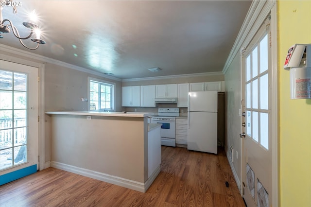 94213 Kerber Dr, Langlois, OR 97450 - kitchen with white appliances, under cabinet range hood, a chandelier, wood finished floors, and crown molding