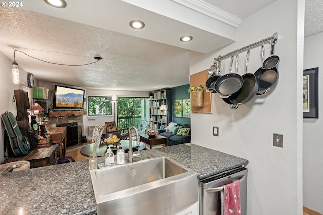 kitchen featuring a fireplace, dishwasher, a textured ceiling, hardwood / wood-style floors, and sink