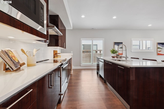 kitchen with appliances with stainless steel finishes, sink, dark hardwood / wood-style flooring, and a wealth of natural light