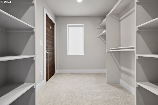 walk in closet featuring light carpet