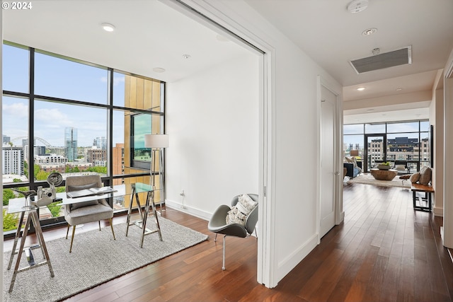 office space with dark hardwood / wood-style floors and expansive windows