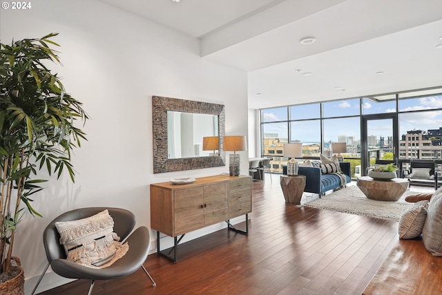 interior space with floor to ceiling windows and dark wood-type flooring