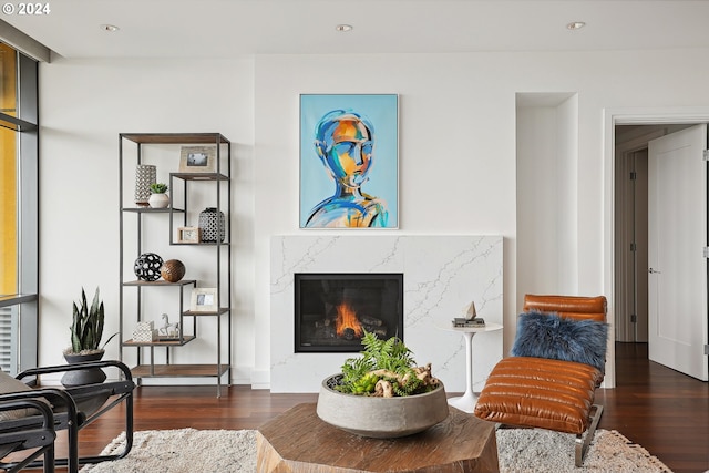 living room featuring dark hardwood / wood-style floors and a fireplace