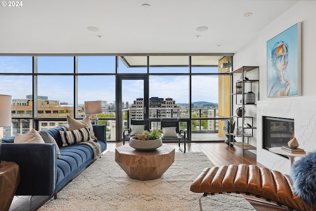 living room with a premium fireplace, wood-type flooring, and a wall of windows