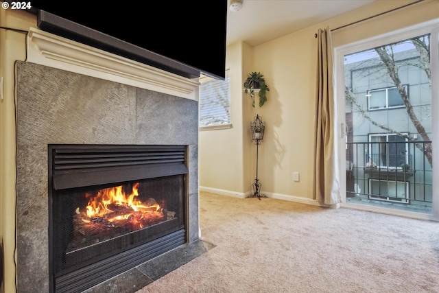 interior details with a tiled fireplace and carpet