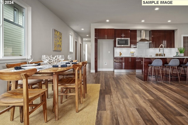 dining space with sink and dark hardwood / wood-style flooring