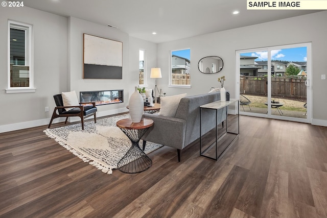 living room with dark hardwood / wood-style flooring