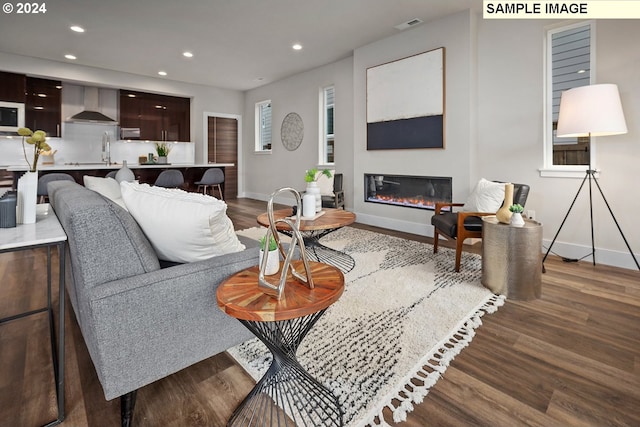 living room with sink and hardwood / wood-style floors