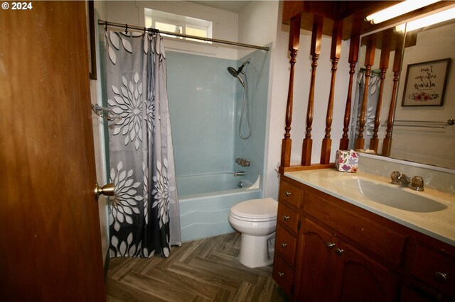 full bathroom featuring parquet floors, vanity, toilet, and shower / bathtub combination with curtain