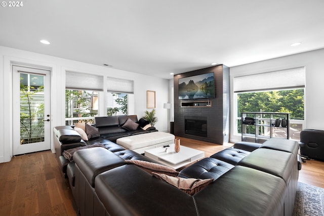 living room with hardwood / wood-style flooring and a large fireplace