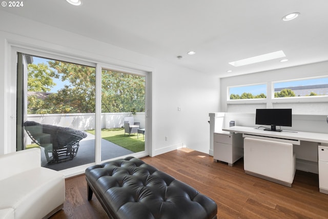 home office with dark wood-type flooring