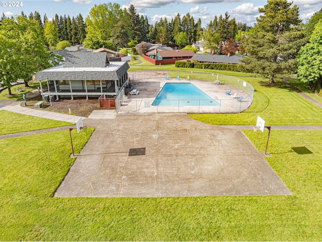 view of pool with a gazebo, a patio, and a lawn