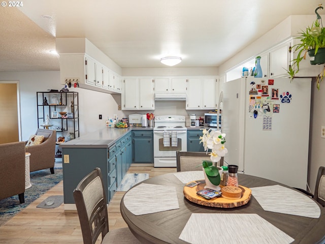 kitchen with white cabinets, light hardwood / wood-style floors, white appliances, and blue cabinetry