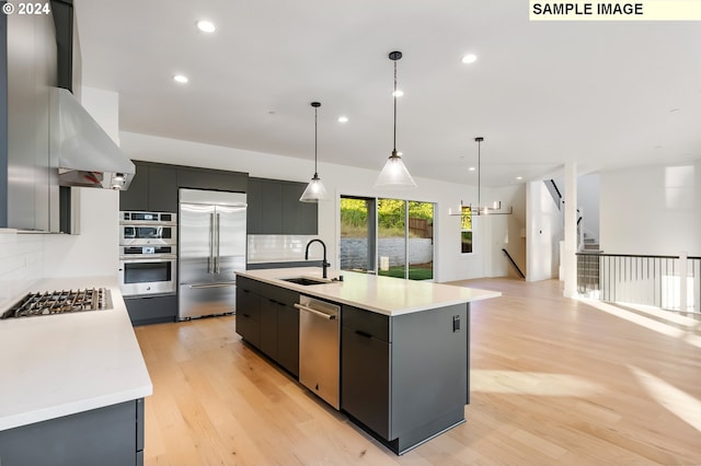 kitchen featuring decorative light fixtures, stainless steel appliances, an island with sink, backsplash, and sink