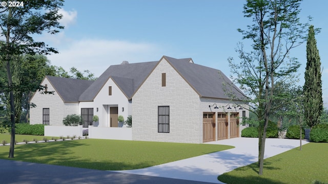 view of front of house featuring a front yard and a garage