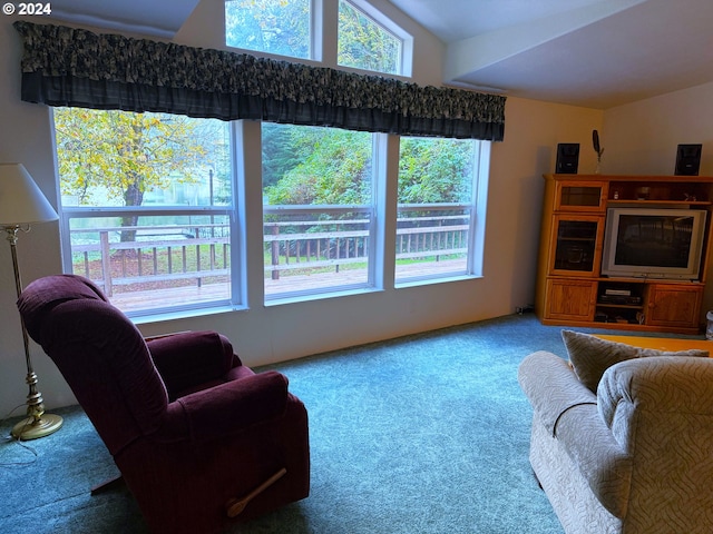 carpeted living room with lofted ceiling