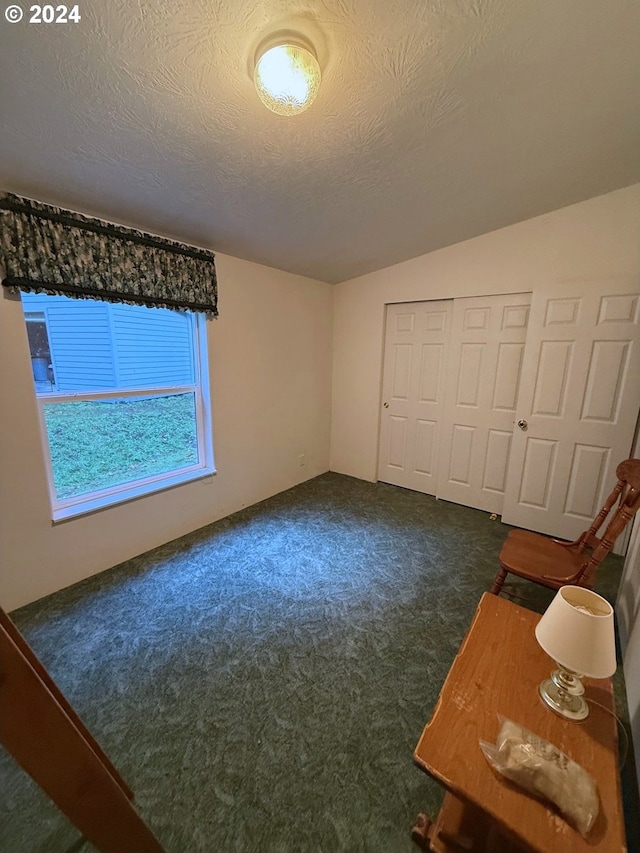 bedroom with dark carpet, a closet, and a textured ceiling