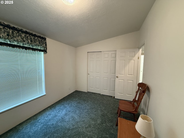 2647 S Tenmile, Lakeside, OR 97449 - unfurnished bedroom with dark carpet, vaulted ceiling, and a closet