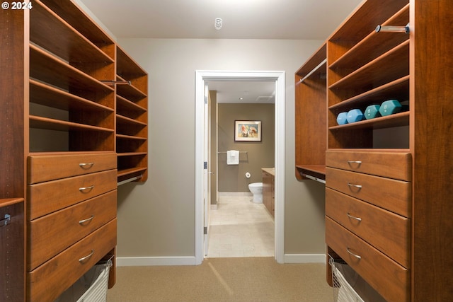 spacious closet featuring light carpet