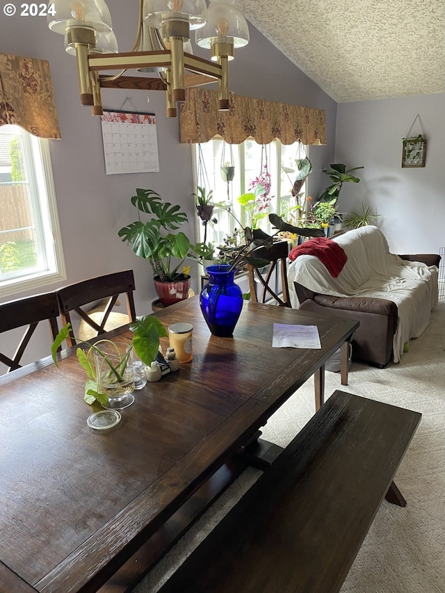 dining room with carpet floors, lofted ceiling, and a textured ceiling