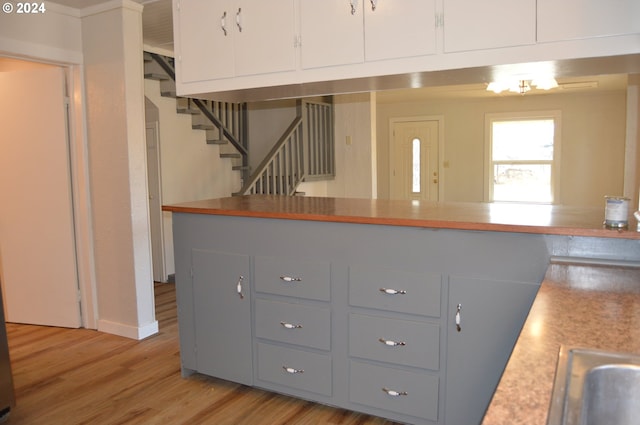 705 Couch Ave, Wallowa, OR 97885 - kitchen featuring gray cabinetry, light wood-style flooring, white cabinetry, light countertops, and baseboards