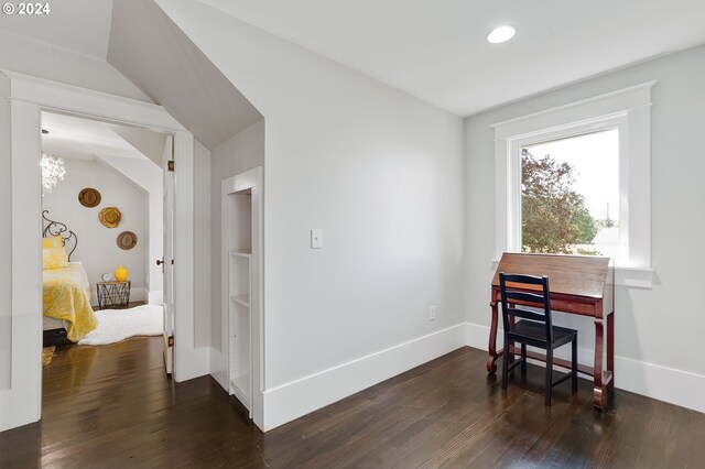 office featuring dark wood-style flooring, recessed lighting, and baseboards