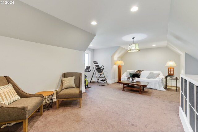 living area featuring recessed lighting, light carpet, vaulted ceiling, and baseboards