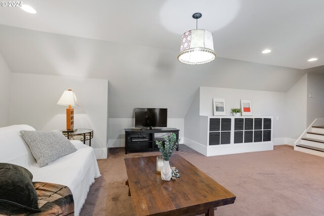 carpeted living room featuring lofted ceiling, stairs, baseboards, and recessed lighting