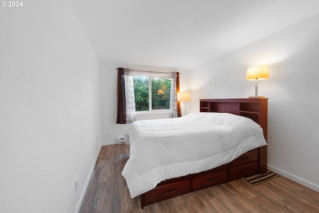 bedroom featuring dark hardwood / wood-style flooring and a baseboard radiator