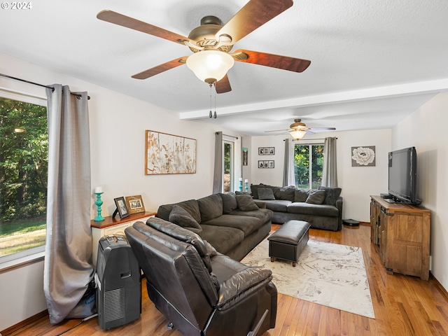 living room with beamed ceiling and light hardwood / wood-style flooring