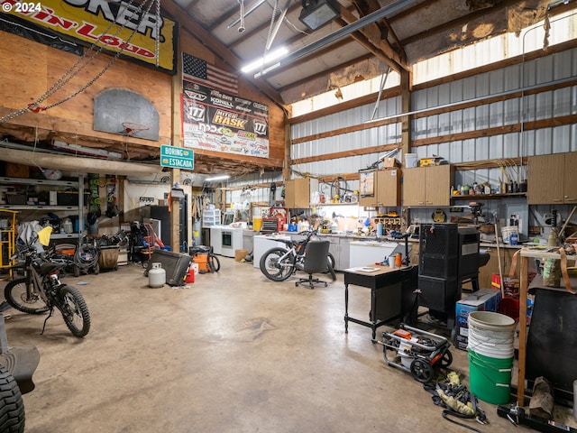 garage with a workshop area