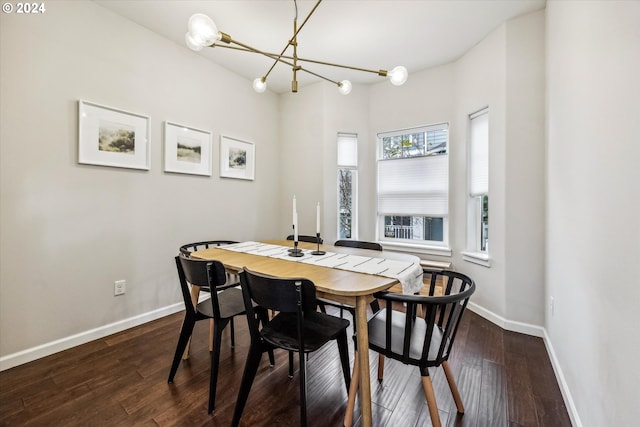 dining room with dark wood-type flooring and a notable chandelier