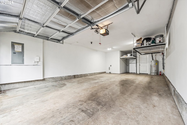 garage with electric water heater, electric panel, and a garage door opener