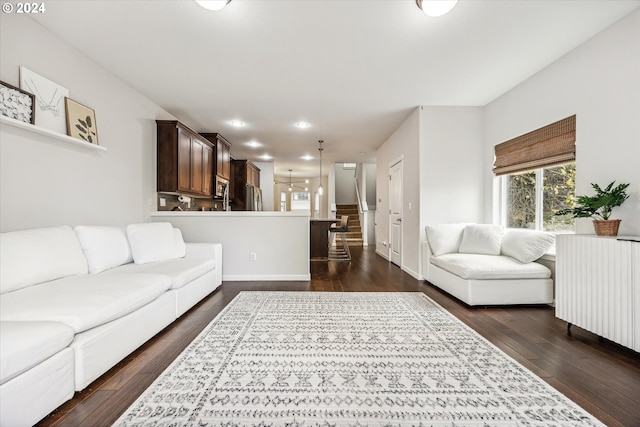 living room featuring radiator heating unit and dark wood-type flooring