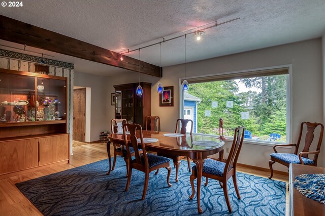 dining area with hardwood / wood-style floors, a healthy amount of sunlight, a textured ceiling, and track lighting