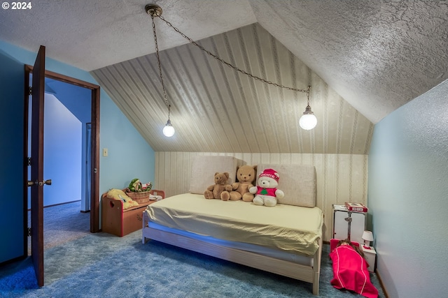 bedroom with dark carpet and lofted ceiling