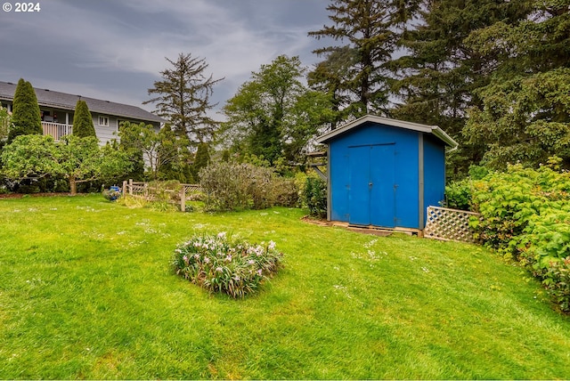 view of yard featuring a storage shed