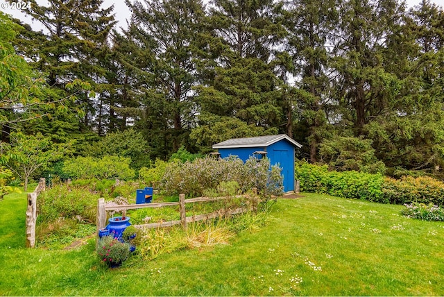 view of yard featuring a storage shed